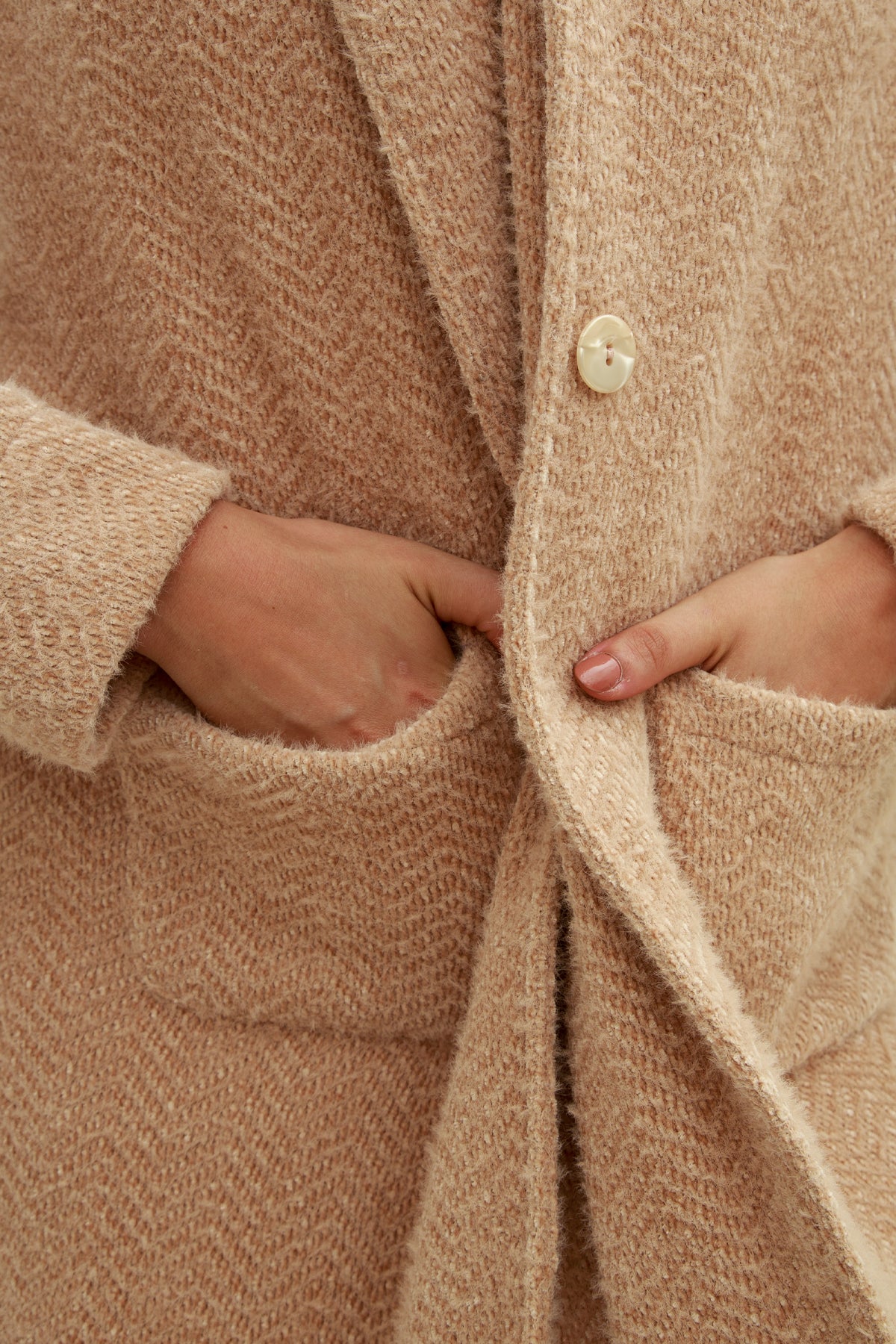 Cappotto Lungo Beige in Tessuto Bouclé
