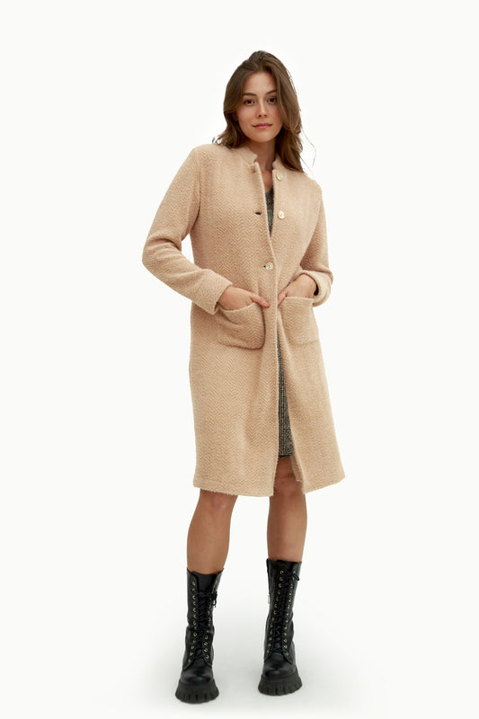 Cappotto Lungo Beige in Tessuto Bouclé