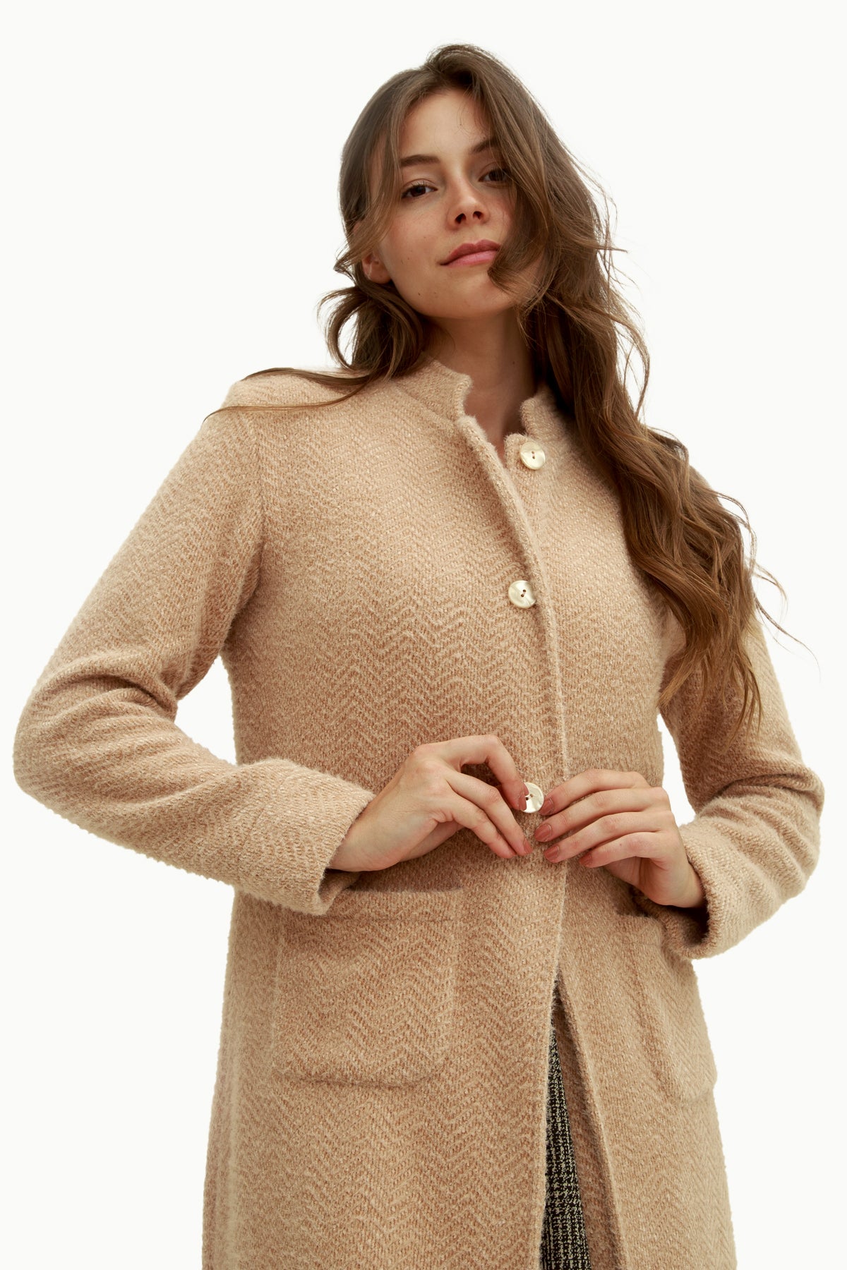 Cappotto Lungo Beige in Tessuto Bouclé