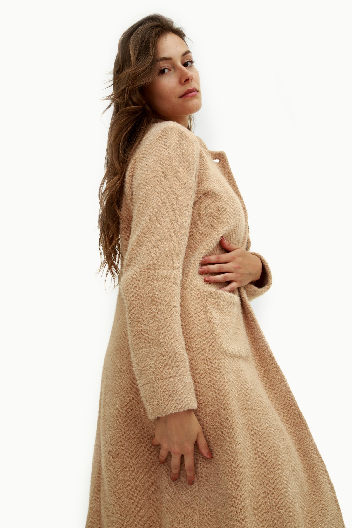 Cappotto Lungo Beige in Tessuto Bouclé