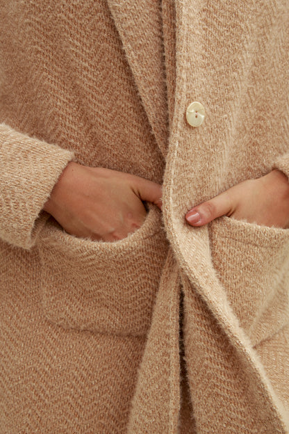 Cappotto Lungo Beige in Tessuto Bouclé